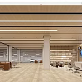 Modern Office Reception Desk in Spacious Open Area with Wooden Ceiling Linear Lights and Sofa