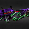 Custom Painted Tactical Weapon Featuring Purple Green Cracked Pattern and Red Accents 3d model