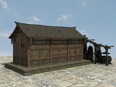 Rustic Traditional Chinese Wooden Barn With Sloped Roof Stone Mill And Wooden Walls 3d model