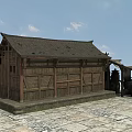 Rustic Traditional Chinese Wooden Barn With Sloped Roof Stone Mill And Wooden Walls