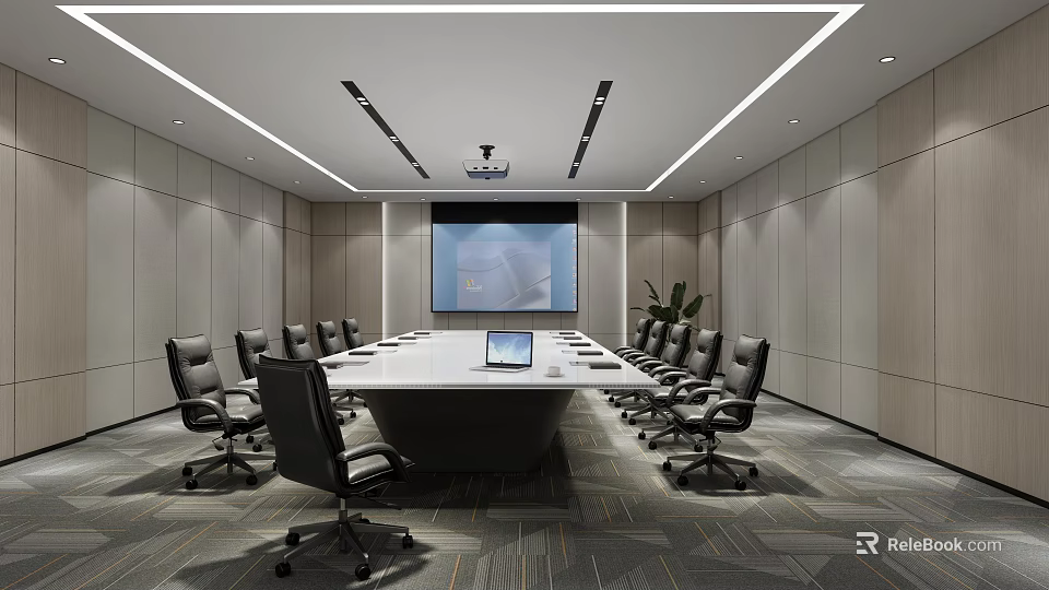 Modern Conference Room With Long Table Projector Screen And Ergonomic Chairs 3d model