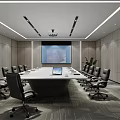 Modern Conference Room With Long Table Projector Screen And Ergonomic Chairs 3d model