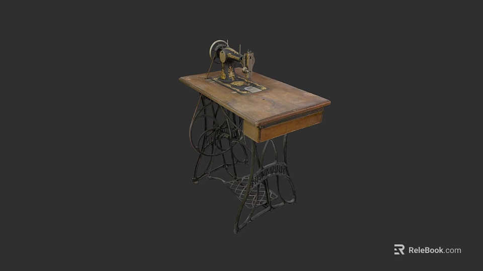 Vintage Sewing Machine On Wooden Table With Metal Frame And Retro Design 3d model 