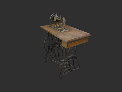 Vintage Sewing Machine On Wooden Table With Metal Frame And Retro Design 3d model