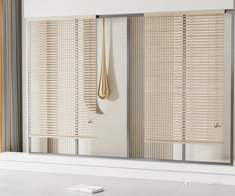 Beige Adjustable Venetian Blinds with Natural Material for Glass Door Interior Design 3d model 