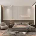 Modern Bedroom Interior Design With Large Window Bedside Strip Light Gray Bed And Round Armchair