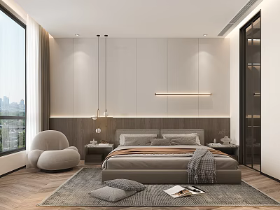 Modern Bedroom Interior Design With Large Window Bedside Strip Light Gray Bed And Round Armchair 3d model