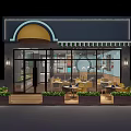 Restaurant Interior with Black Lattice Partition Blue Accent Wall Yellow Gray Chairs and Wooden Tables