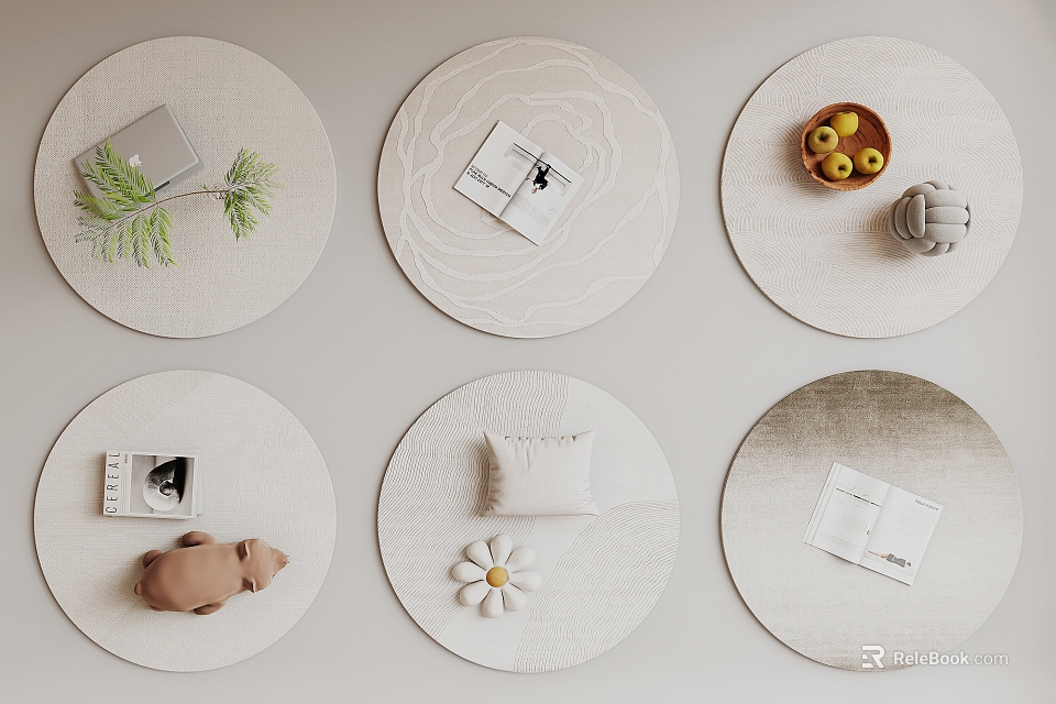 Round Rugs Featuring Decorative Items Plants Magazines Fruits And Ornaments For Modern Home Decor 3d model 