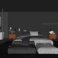 Modern Dark Bedroom Interior With Wooden Nightstands Table Lamps Bedding Pillows And Area Rug