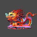 Colorful Dragon Sculpture With Vibrant Red Orange Mane And Long Tail On Pink Base
