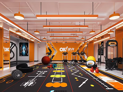 OK Fitness Gym Interior With Orange Black Fitness Equipment Training Floor Markings Mirror Walls And Lighting 3d model