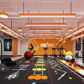OK Fitness Gym Interior With Orange Black Fitness Equipment Training Floor Markings Mirror Walls And Lighting