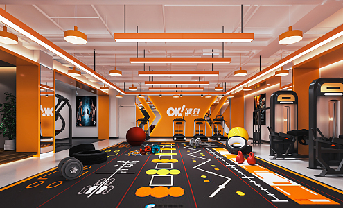 Modern Gym Private Teaching Room Treadmill Fitness Equipment Spinning Bicycle Sports Equipment Dumbbell Tire 3d model