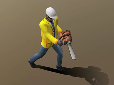 A Man Wearing Yellow Jacket And White Hard Hat Operating Chainsaw 3d model