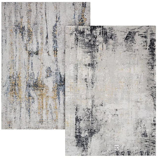 Square Rug with Gray White Base and Black Gold Blue Abstract Brushstroke Patterns Modern Design 3d model