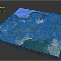 3D Topographic Terrain Model with Green Mountain Ranges Blue Water Bodies and White Land Areas