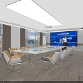 Modern Conference Room Interior With Long Conference Table White Orange Chairs Large Screen And Windows
