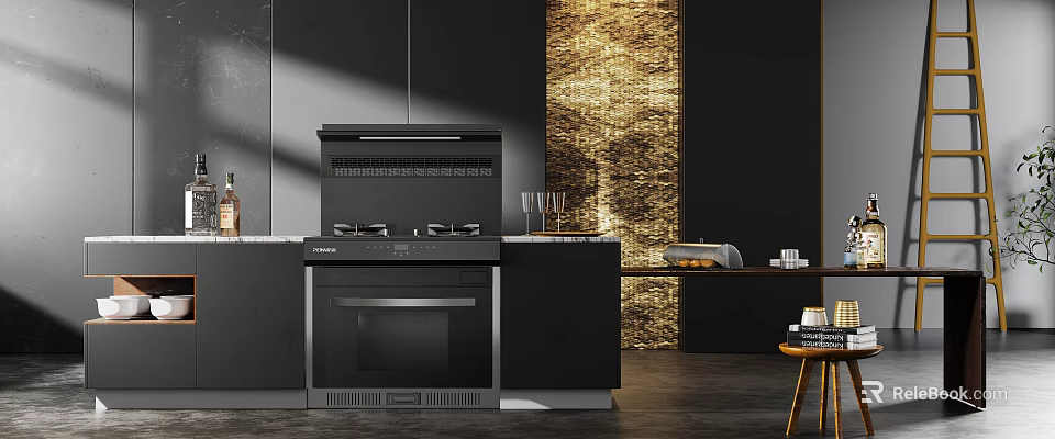 Modern Kitchen With Black Integrated Appliances Range Hood Oven And Gold Accent Wall 3d model 