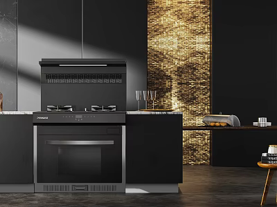 Modern Kitchen With Black Integrated Appliances Range Hood Oven And Gold Accent Wall 3d model