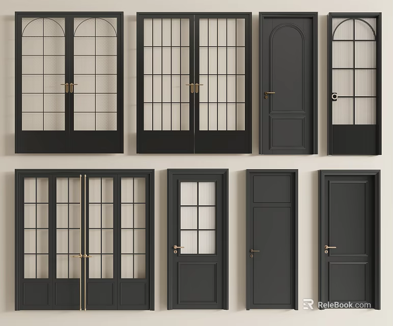Modern Black Hinged Doors Featuring Various Glass And Solid Panel Designs 3d model 