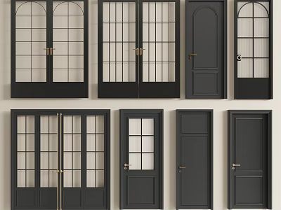 Modern Black Hinged Doors Featuring Various Glass And Solid Panel Designs 3d model