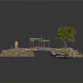 Outdoor Stone Slab Platform Scene With Canopied Structure Tree And Scattered Items