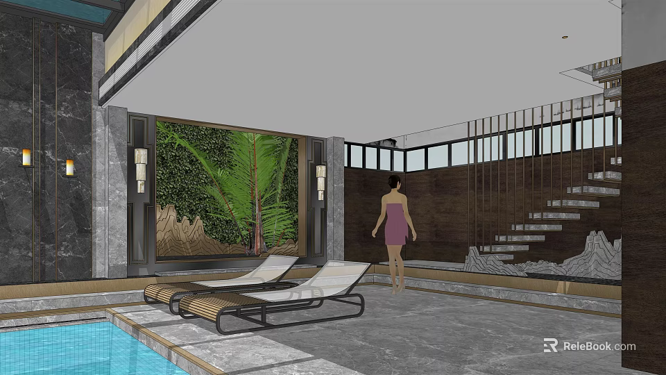 Modern Swimming Pool Interior With Loungers Green Plant Wall And Stairs 3d model 