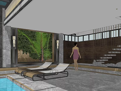 Modern Swimming Pool Interior With Loungers Green Plant Wall And Stairs 3d model