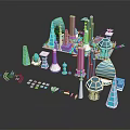 Cartoon Scene Of Colorful Futuristic Cityscape With Various Buildings And Structures