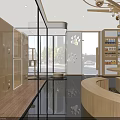Modern Shopping Mall Store Interior With Wooden Shelves Central Circular Structure And Mirrored Floor