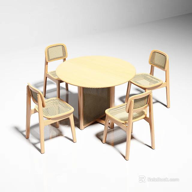 Round Light Wood Dining Table Set With Four Woven Rattan Chairs 3d model