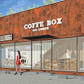 Coffee Box Cafe with Rusty Metal Exterior Large Glass Windows Interior Seating and Green Trees
