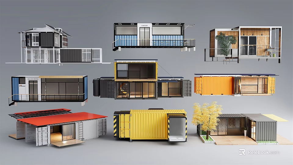 Various Container Building Styles With Modern Design Balconies And Colorful Exteriors 3d model 