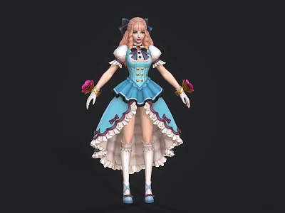Child In Blue Dress With White Lace Pink Hair Pigtails Holding Red Flowers And Pink Bow 3d model
