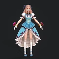 Child In Blue Dress With White Lace Pink Hair Pigtails Holding Red Flowers And Pink Bow
