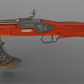 Unique Combination Weapon With Wooden Carved Grip Metal Axe Blade And Gun Barrel