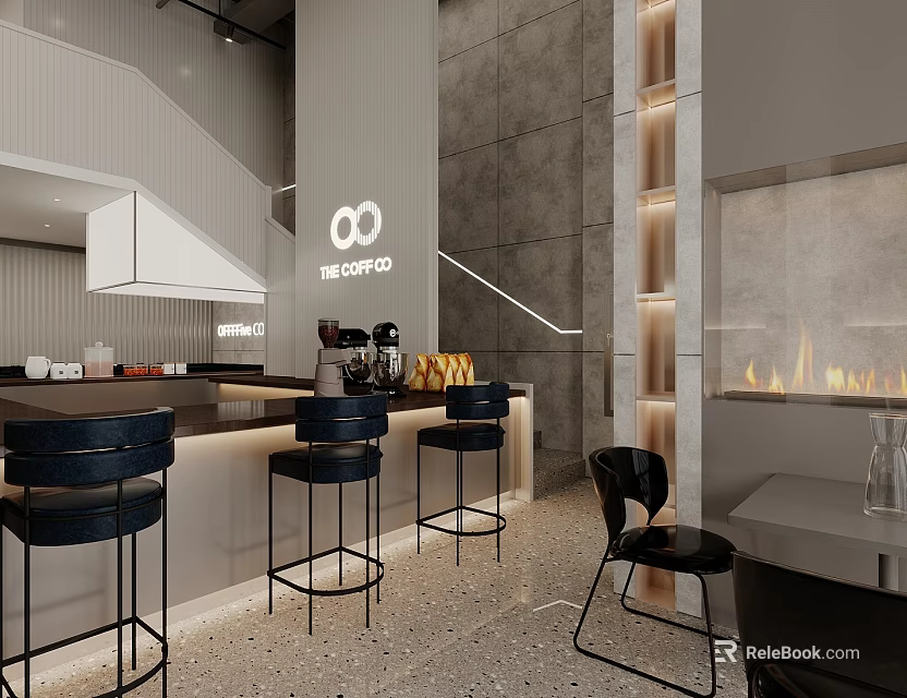 Modern Cafe Interior With Bar Counter Bar Stools Fireplace Gray Walls And Lighting 3d model 