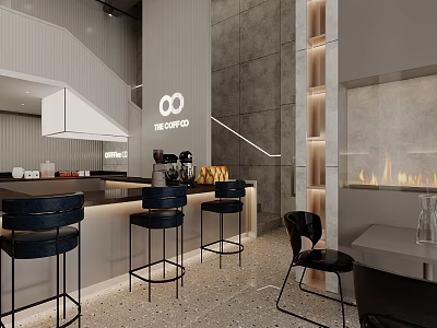 Modern Cafe Interior With Bar Counter Bar Stools Fireplace Gray Walls And Lighting 3d model
