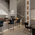 Modern Cafe Interior With Bar Counter Bar Stools Fireplace Gray Walls And Lighting