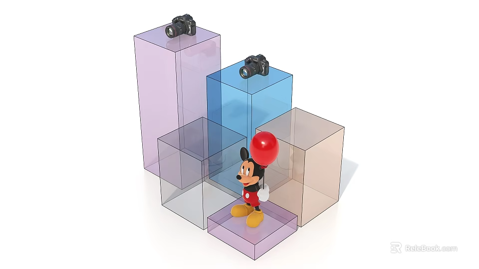Mickey Mouse Figure Holding Red Balloon Among Transparent Colored Cubes With Cameras 3d model 