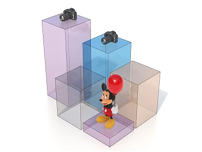 Mickey Mouse Figure Holding Red Balloon Among Transparent Colored Cubes With Cameras 3d model