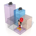 Mickey Mouse Figure Holding Red Balloon Among Transparent Colored Cubes With Cameras