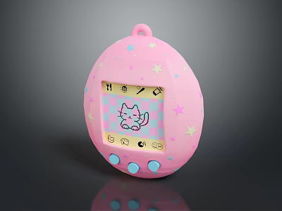 Pink Egg Shaped Electronic Device With Star Patterns Screen Showing Cartoon Cat And Buttons 3d model