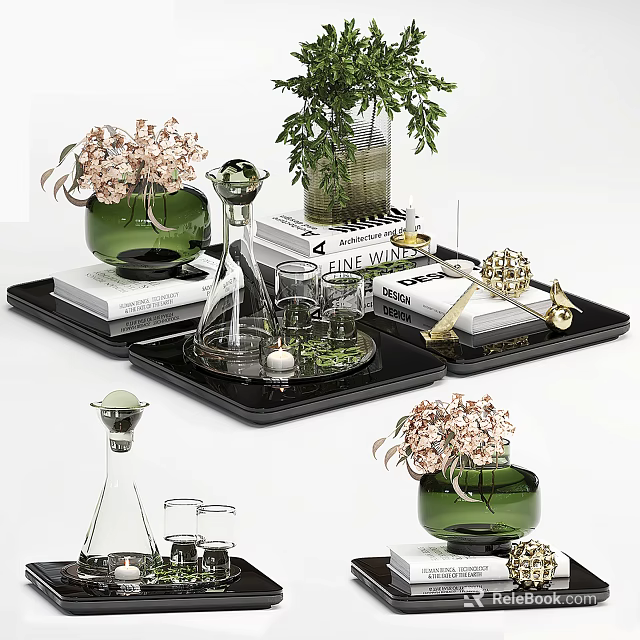 Elegant Decorative Ornament Set Featuring Green Vases Plants Books And Trays 3d model 