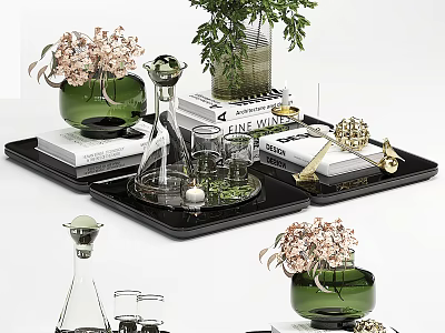 Elegant Decorative Ornament Set Featuring Green Vases Plants Books And Trays 3d model