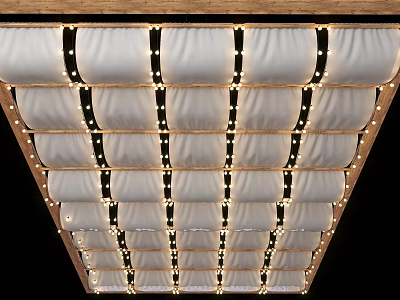 Elegant Ceiling Drapery Design With White Fabric String Lights And Wooden Frame 3d model