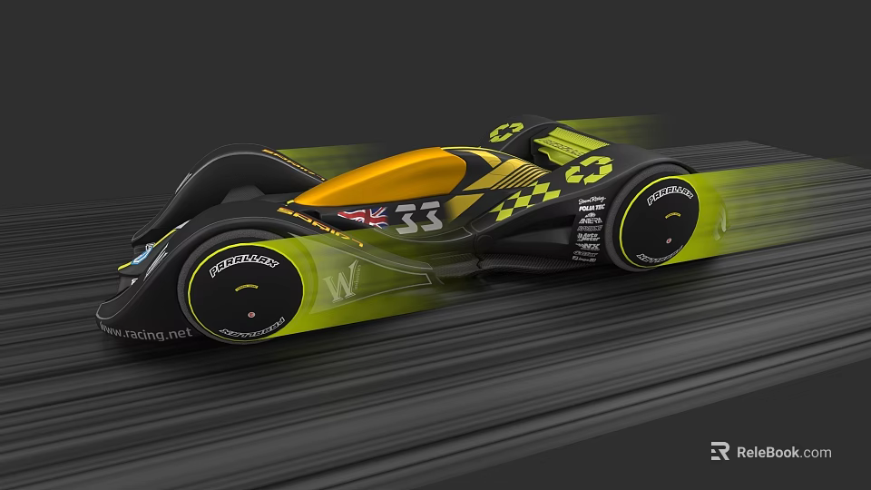 Black Yellow Race Car with Number 33 Pirelli Tires and High Speed Aerodynamic Design 3d model 