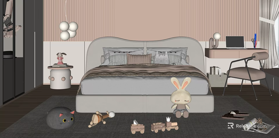 Kids Double Bed in Cozy Bedroom with Pink Striped Walls Stuffed Toys and Toy Train 3d model 