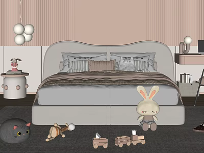 Kids Double Bed in Cozy Bedroom with Pink Striped Walls Stuffed Toys and Toy Train 3d model